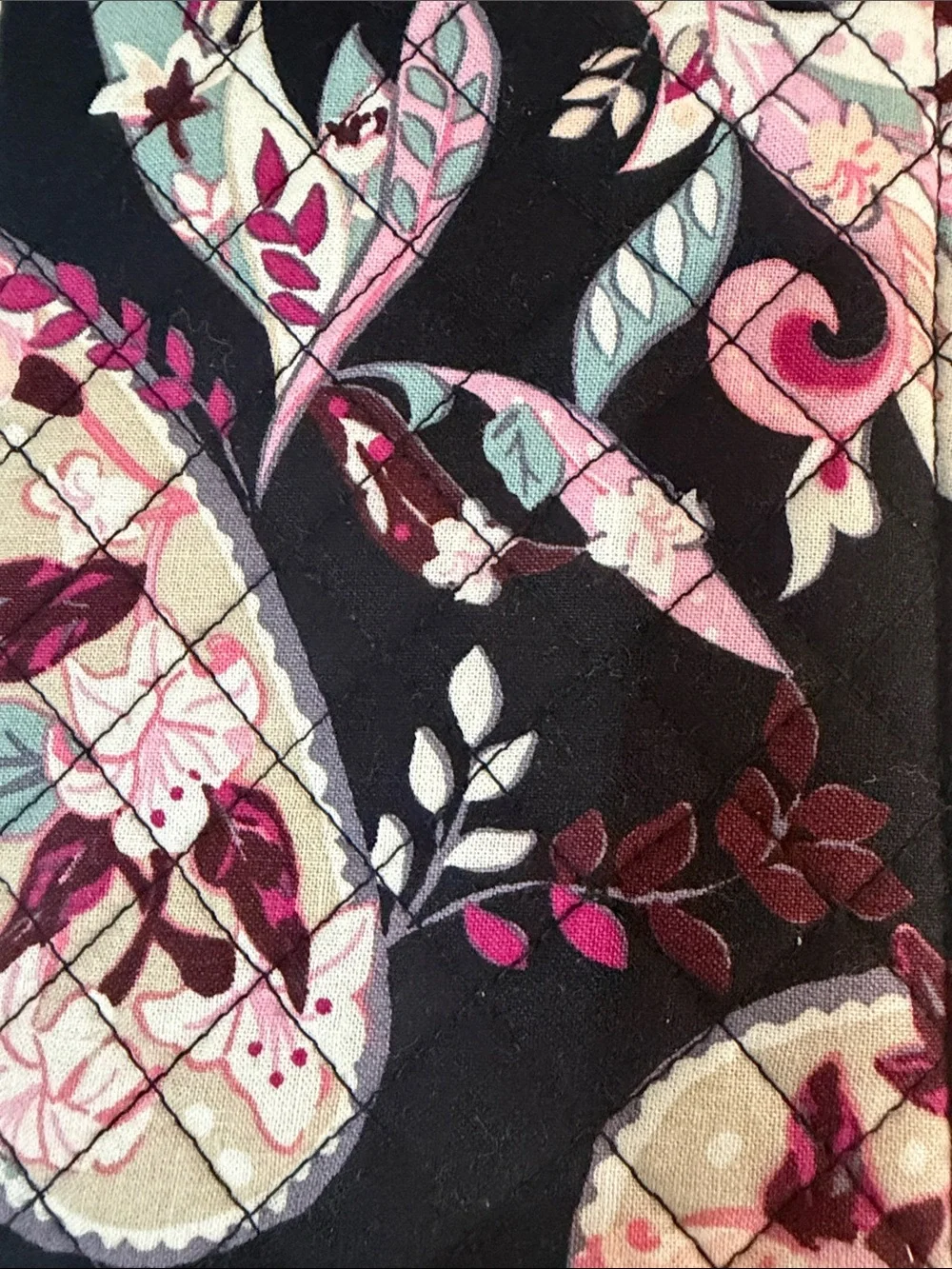 Vera Bradley Black Floral Quilted Wristlet with Pink and Cream Accents